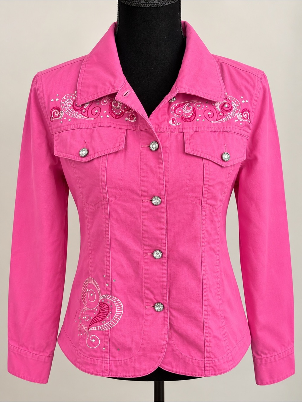 Embroidered Fuchsia Button-Front Jean Jacket